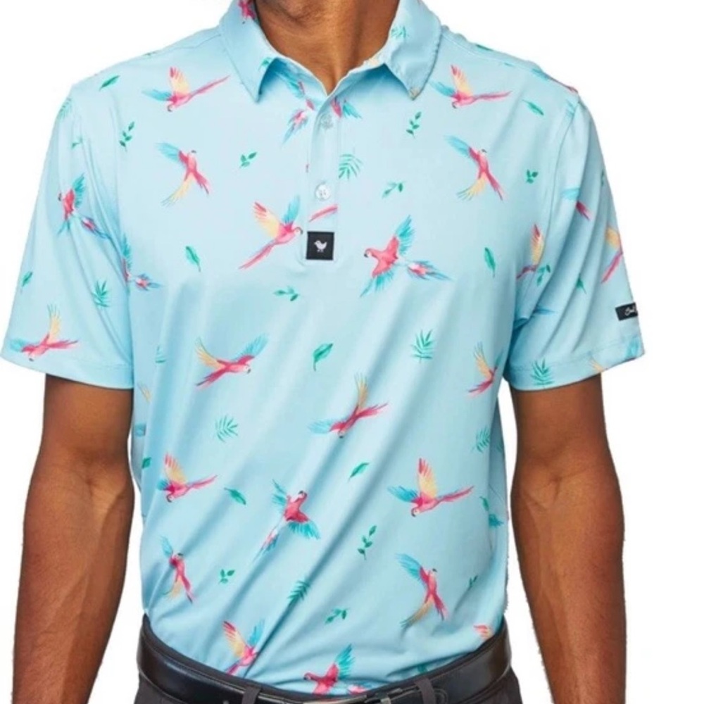 Bad Birdie Men's ‘Macaw’ Blue Parrot Print Polo Golf Shirt